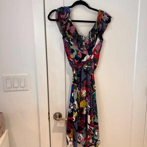 Suzi Chin for Maggy Boutique Floral Ruffle Wrap Dress Sz 4 - Picture 2 of 7
